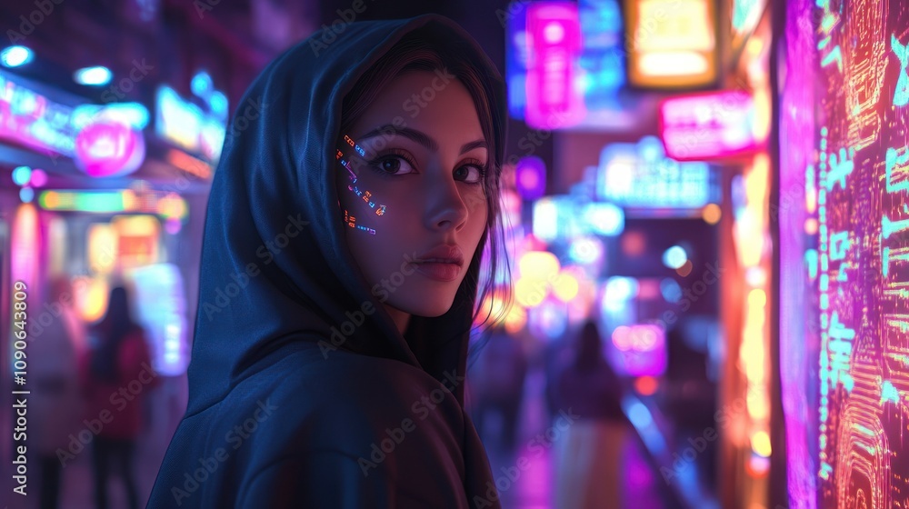 Obraz premium A hooded fused cyberpunk woman covered in bright holograms and flashing runes background wallpaper AI generated image