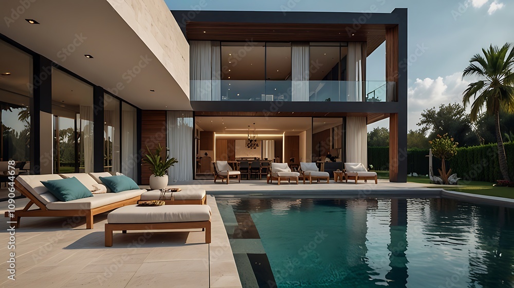 Fototapeta premium Modern luxury villa with large glass windows overlooking a tranquil pool on a sunny day
