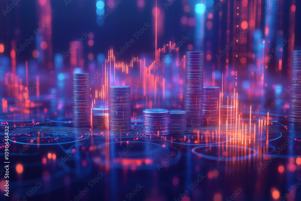 A futuristic concept featuring holographic rising graphs above stacks of coins, representing advanced business strategies leading to financial success A futuristic concept featuring holographic rising graphs above stacks of coins, representing advanced business strategies leading to financial success