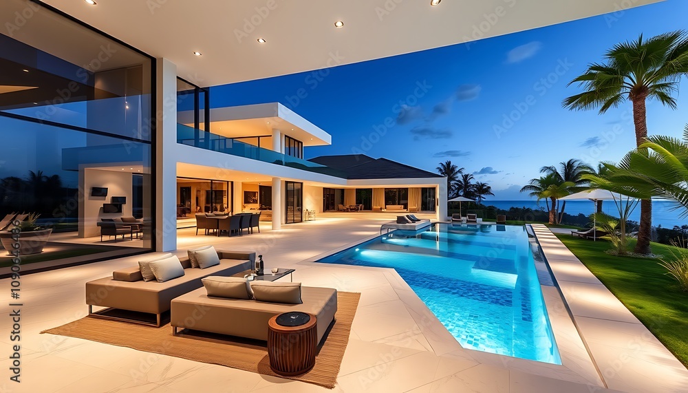Fototapeta premium Modern luxury villa with large glass windows overlooking a tranquil pool on a sunny day