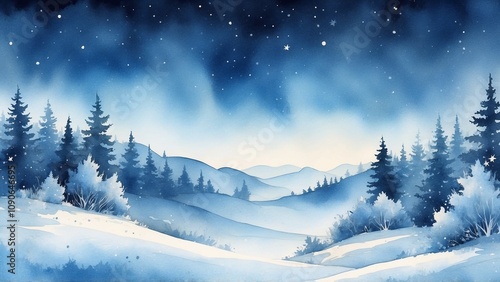 Wallpaper Mural Watercolor winter night landscape with snowy hills and pine trees for tranquil scenery Torontodigital.ca