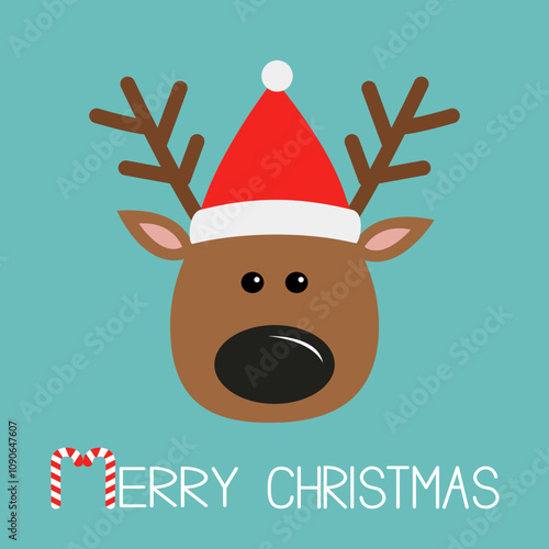 Reindeer deer head face. Red Santa Claus hat, nose, horns. Merry Christmas. Candy Cane. New Year. Cute cartoon kawaii baby character. Funny animal. Flat design. Hello winter. Blue background. Vector