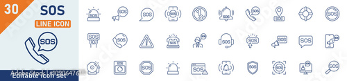 SOS line icon set. Set of 30 outline icons related to emergency, SOS signal, call, alarm, warning, help and others. Editable stroke. Vector illustration.