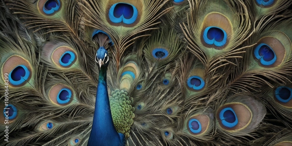 Fototapeta premium A detailed close-up of vibrant peacock feathers, showcasing their iridescent colors and intricate eye patterns in rich shades of blue, green, and gold.