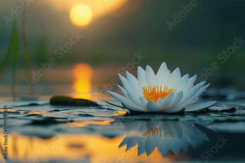 A solitary white lotus flower floating on still water with a soft sunrise in the background, symbolizing inner peace and tranquility on a global scale