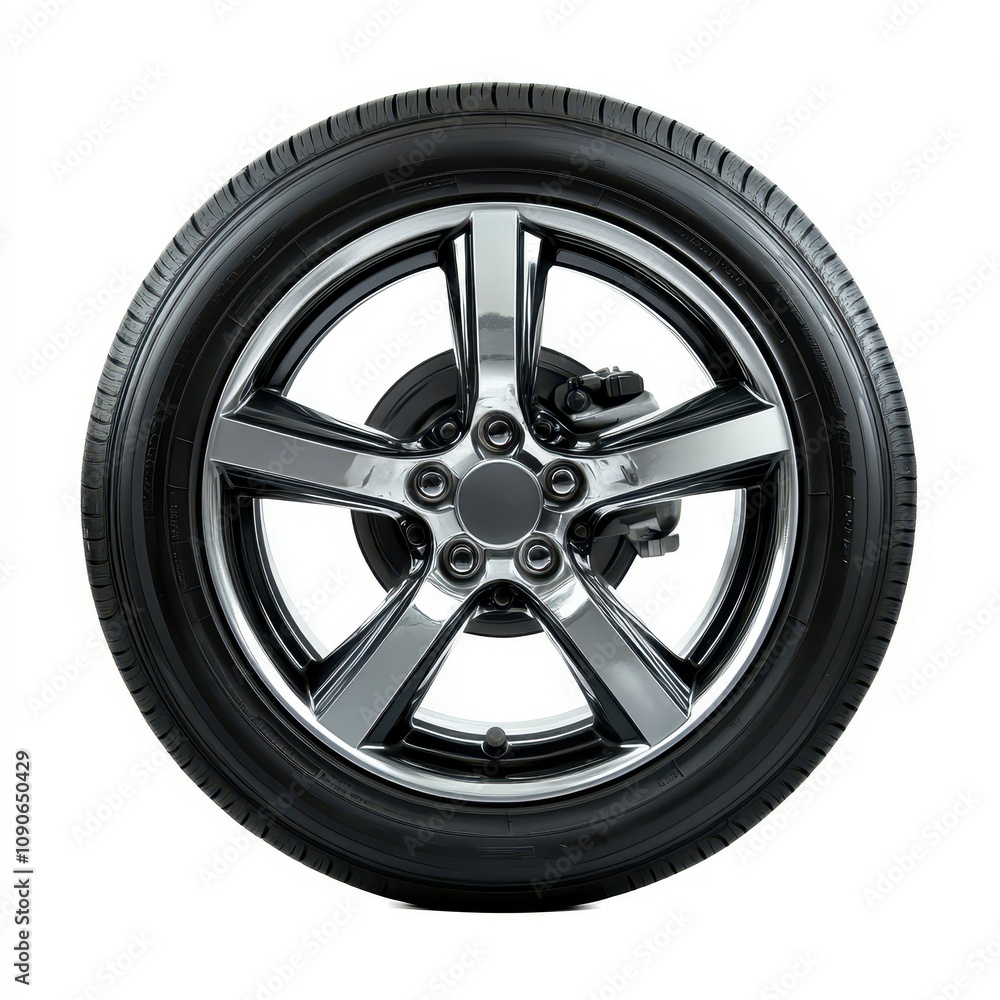 Obraz premium A sleek, modern alloy wheel with a tire, designed for automotive use and performance.