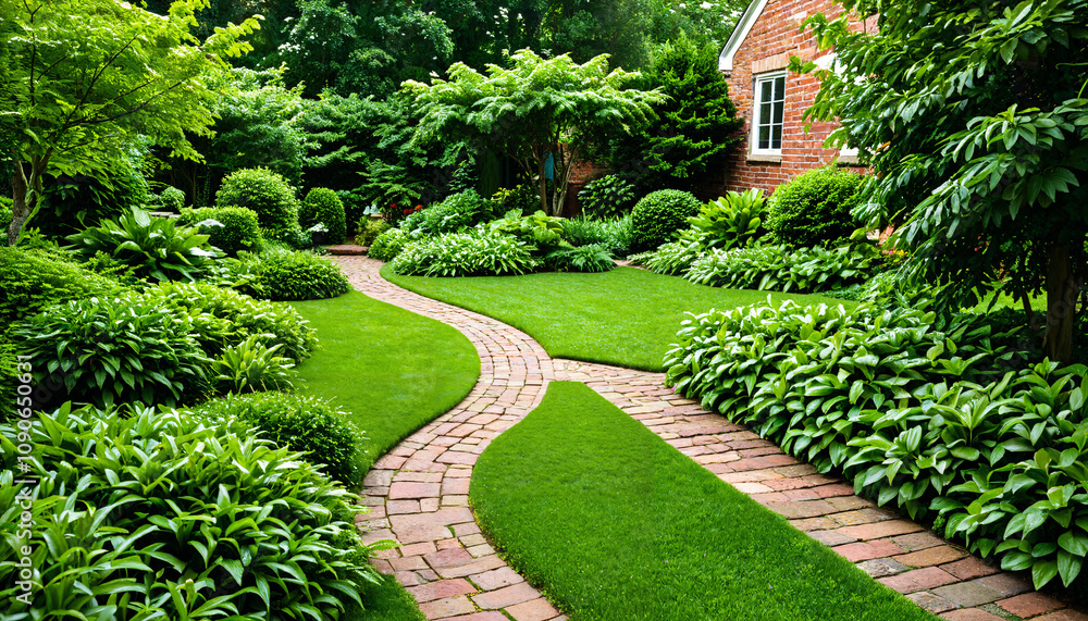 Fototapeta premium Jardin verdoyant avec chemin de briques