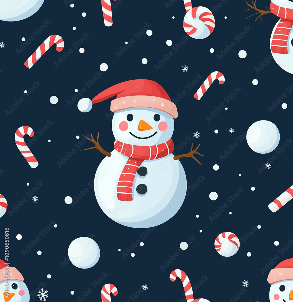 Naklejka premium Cheerful snowman pattern celebrates winter holidays with candy canes and snowballs against a dark blue background