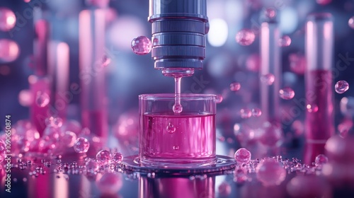 A close-up of a pink liquid being dispensed from a faucet into a beaker, surrounded by pink spheres and test tubes. photo