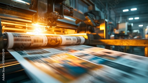 Industrial printing press in operation, producing high-quality newspapers and magazines in a busy printing facility, highlighting precision, technology, and the art of mass production
