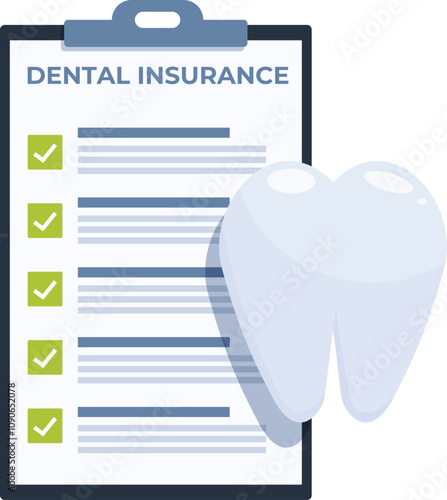 Dental insurance policy document with check marks and healthy tooth illustration representing healthcare costs coverage