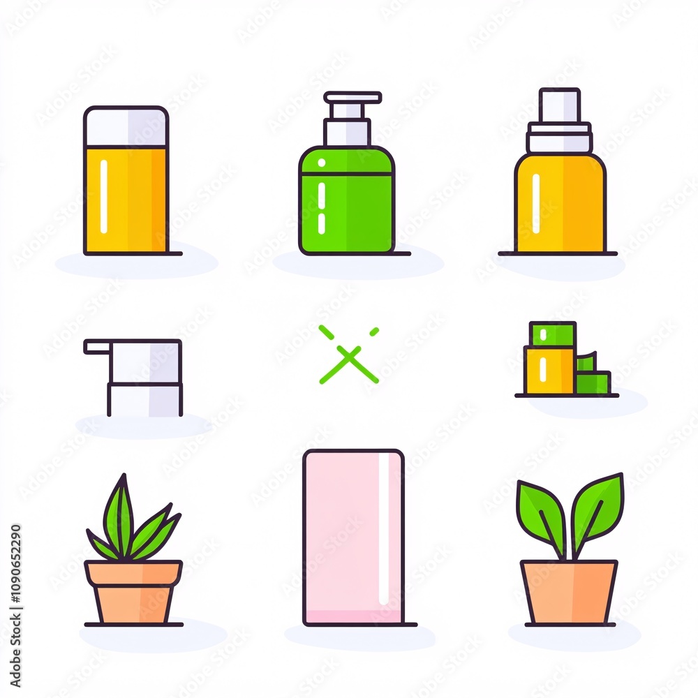 custom made wallpaper toronto digital2409_034.A simple vector icon illustration depicting the group of natural skincare essentials at center for a website isolated white background. The illustration includes stylized representations of