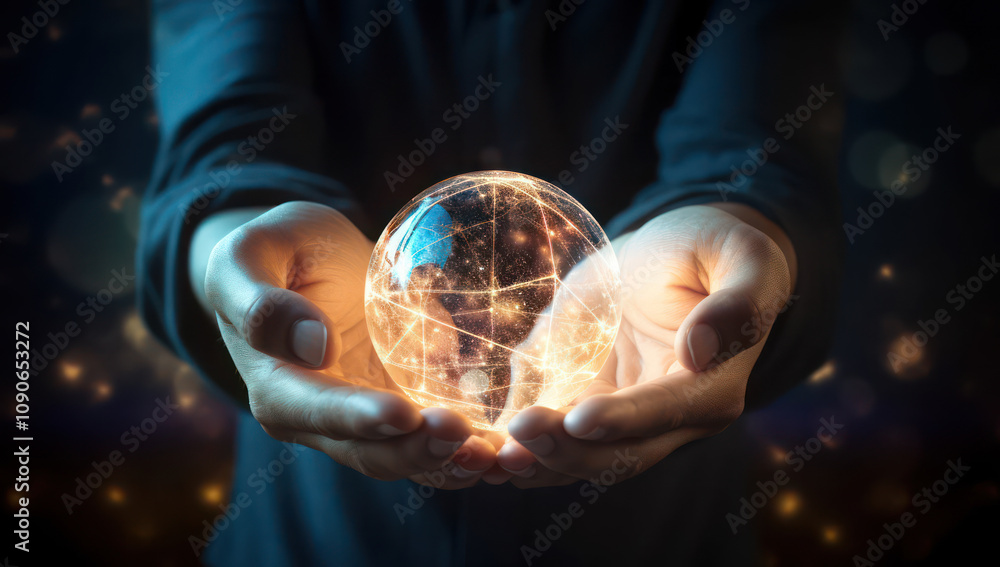 Fototapeta premium Ethereal Hands Cradling Glowing Globe technology of Light with Network Connections, Symbolizing Technology, Global Unity, and Innovation in a Modern Context