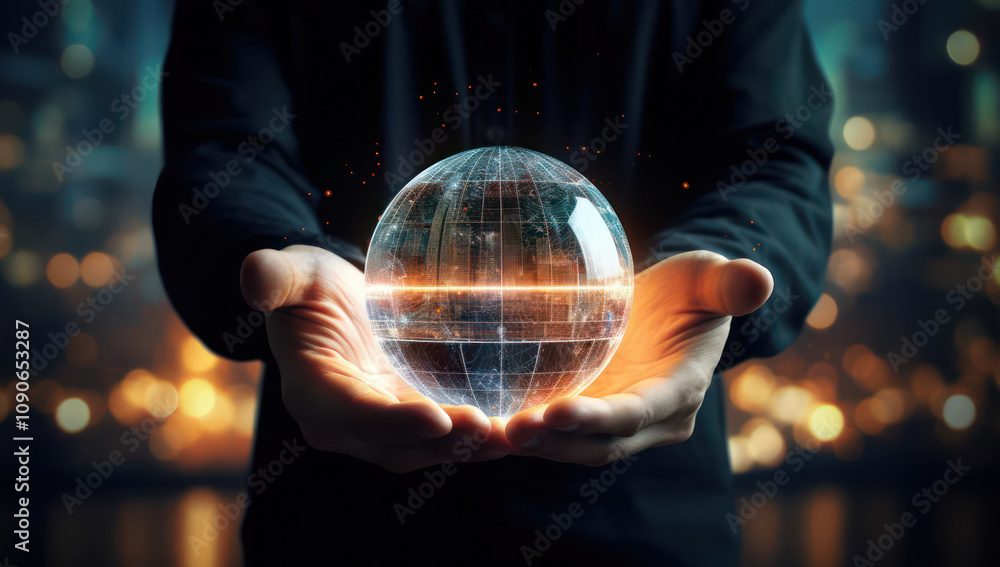 Fototapeta premium A Person Holding a Glowing technology, Projecting Digital Data in Their Hands Against a Blurred City Background with Soft Lighting Effects