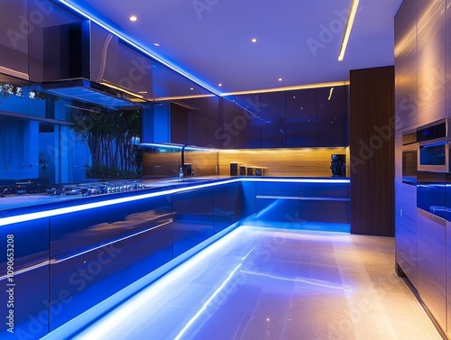 Modern Blue Kitchen With Sleek Cabinets And Underlighting photo