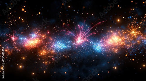 Abstract digital art of colorful fireworks on black background.