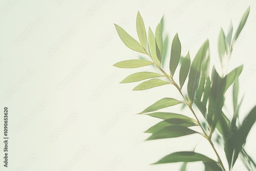 Fototapeta premium A delicate green branch casting soft shadows against a light background.