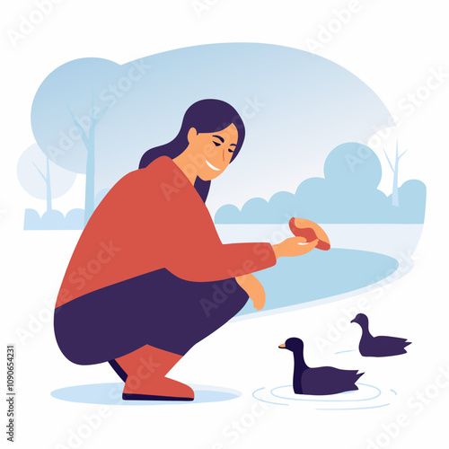 Woman feeding ducks by the pond in serene outdoor environment
