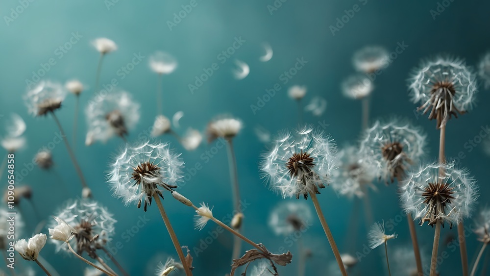 Obraz premium Dandelion Seeds Blowing Gently in the Wind Against a Soft Blue Background During a Calm Spring Afternoon