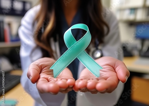 Close-up Photo of a Doctor Holding a Teal Cancer Ribbon

 photo