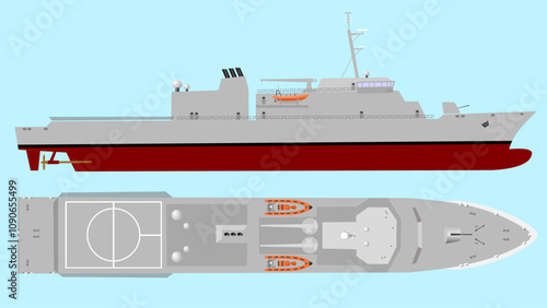 Coastguard Cutter. Side and top profile of a coastguard cutter with a rescue boat and space for a helicopter on deck. Isolated vector illustration.