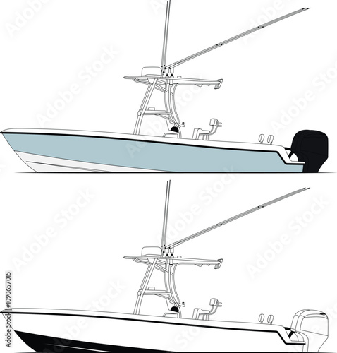 Side view fishing boat vector line art illustration t-shirt and printable on various materials.	