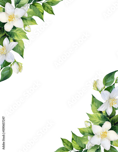 watercolor Green Vine Isolated on Transparent Background with Watercolor jasmine Leaves and jasmine flower for Invitations, corner border