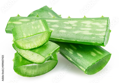 Aloe vera slices or cuts of aloe, macro shot isolated on white background. photo