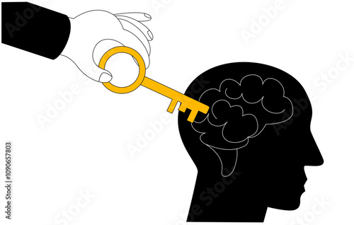 Hand with key trying to penetrate human brain. Vector illustration on the topic of psychological help in life.