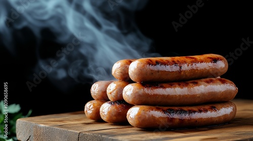 Stack of hot dogs with smoke coming from them. Scene is casual and relaxed, as it seems like someone is enjoying a meal with friends or family photo