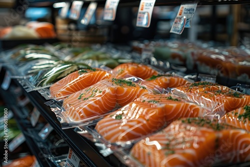 Fresh Salmon Fillets Grocery Store Display Seafood Market Sushi Grade Vacuum Packed Raw Fish photo