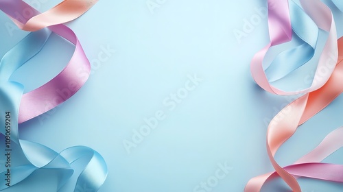 Colorful Ribbons on Light Blue Background Flat Lay with Space

 photo