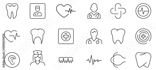  Medical editable stroke outline Icons set. Hospital, patient, medicine, pharmacy, nurse, prescription and medical report. Vector illustration