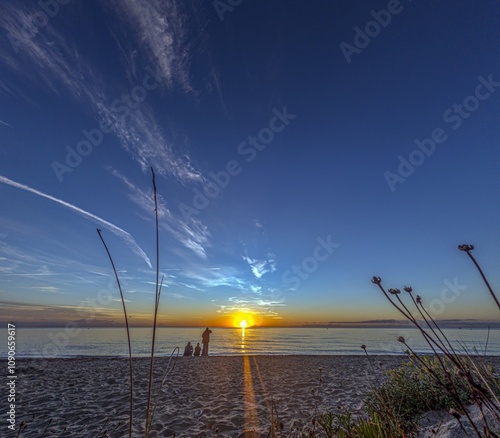 Golden sunrise over the sea with silhouettes of people and wildflowers, evoking a serene atmosphere photo