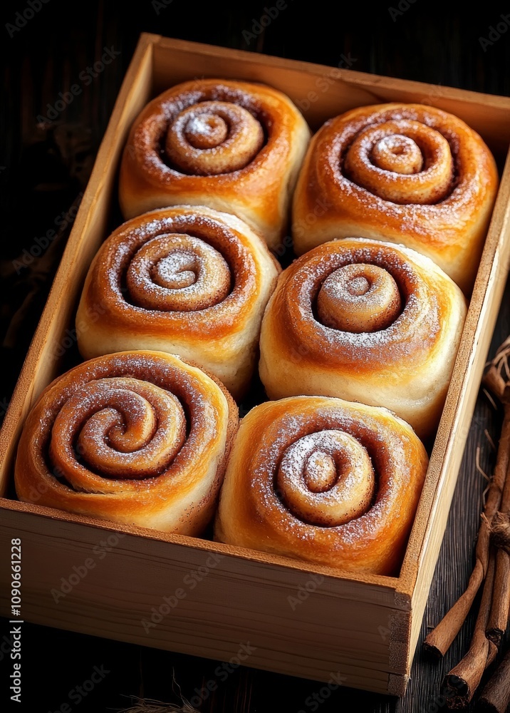 Fototapeta premium Wooden box with six cinnamon rolls inside. The rolls are sprinkled with powdered sugar. The box is placed on a wooden table