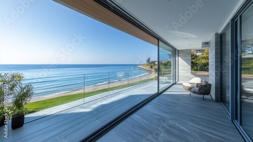 Wallpaper Mural Modern Balcony with Glass Doors Leading to Ocean View Torontodigital.ca