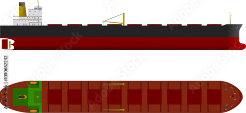 Cape Size Bulker Ship. Side and top profile of a cape size bulker. Isolated vector illustration.