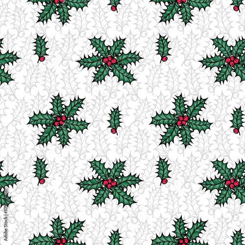 Merry Christmas holly berry Seamless pattern for textile or scrabooking.Christmas holly berry greenery  photo