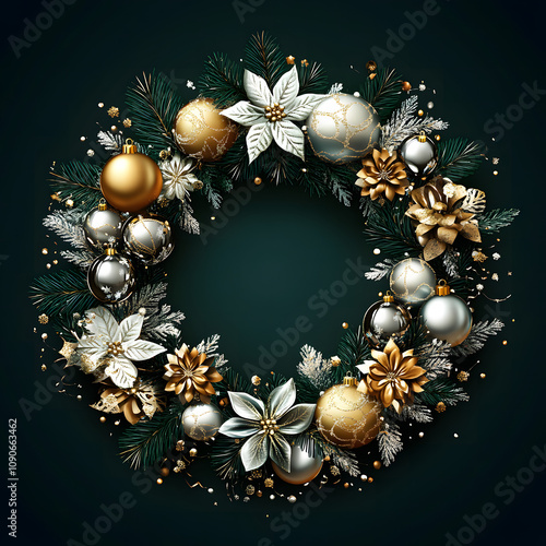 Shristmas wreath with golden balls and pines photo