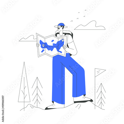 Male Traveler Reading A Map In Flat Vector Illustration Symbolizing Navigation, Exploration, And Outdoor Adventure, Isolated On White Background