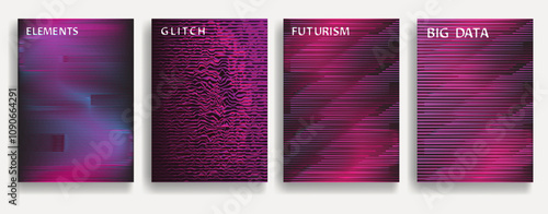 Glitch distorted geometric template brochures . Modern art design . Noise destroyed glitched flyer . Trendy brochure with vector lines . Glitched flyer. Hologram effects . set of vector templates