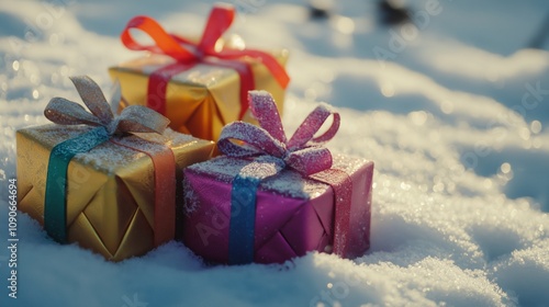 Gift boxes placed on bright snow during Christmas