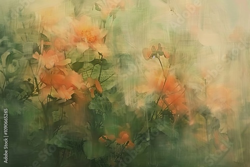 Canvas of abstract, textured brush strokes in warm hues orange and green; an impressionistic garden scene with flowers oil painting. Summer art floral design