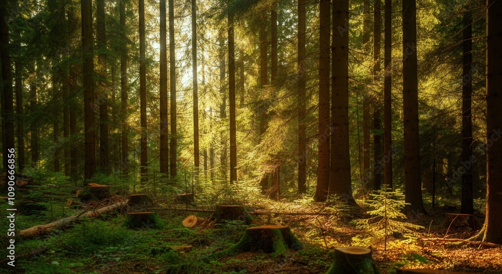 Obraz premium Enchanting sunbeams filtering trees