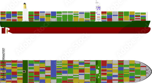 Container Ship. Side and top profile of a large container ship with accommodation block and separate funnel. Similar in style to the Ever Given and MV Dali. Isolated vector illustration.