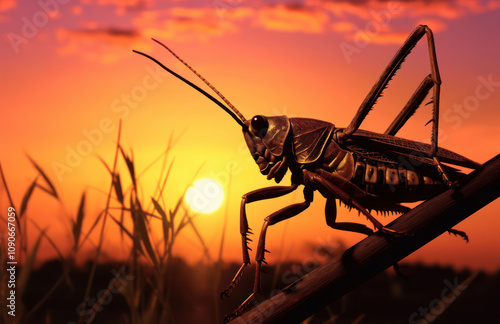 Wallpaper Mural Close-Up of a Grasshopper Silhouetted Against a Beautiful Sunset Over a Field, Highlighting the Intricate Details of Its Body and Antennae in Nature's Splendor Torontodigital.ca