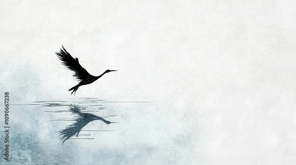 Obraz premium Elegant Japanese Minimalist Brush Painting of a Bird in Flight over a Serene Water Reflection, Capturing Tranquility and Graceful Beauty in Artistry