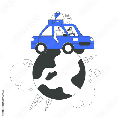 Family Traveling In Car With Luggage On Globe In Flat Vector Illustration Symbolizing Road Trips, Adventure, And Global Travel, Isolated On White Background.