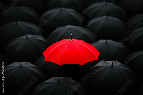 A vibrant red umbrella stands out in a sea of black umbrellas, symbolizing individuality, uniqueness, and making a bold statement, generative ai