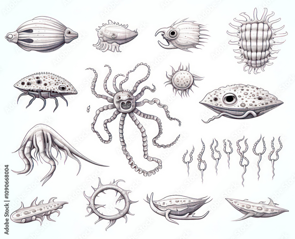 Detailed Illustrations of Microbial Life Forms and Marine Organisms, Featuring Various Shapes and Textures in a Scientific Style, Ideal for Educational and Creative Use Detailed Illustrations of Microbial Life Forms and Marine Organisms, Featuring Various Shapes and Textures in a Scientific Style, Ideal for Educational and Creative Use